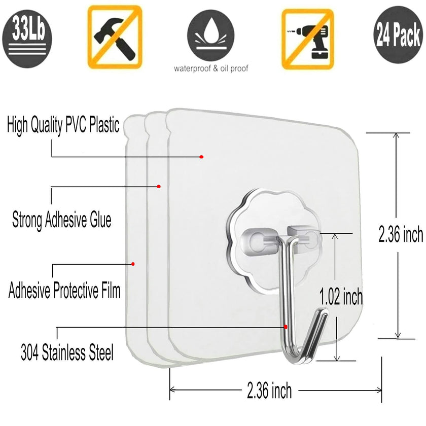 Jwxstore 24 Pack Wall Hooks for Hanging 33lb(Max) Heavy Duty Self Adhesive Hooks Transparent Waterproof Sticky Hooks for Keys Bathroom Shower Outdoor Kitchen Door Home Improvement Utility Hooks 🍁 All In One Marketplace Canada