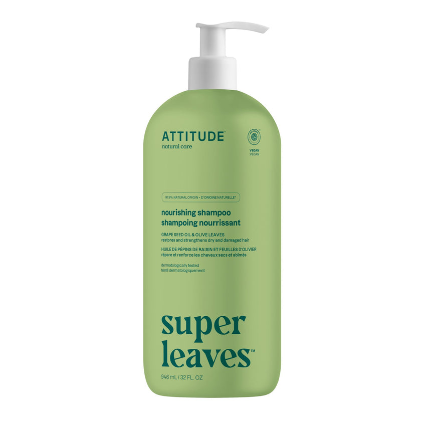 ATTITUDE Nourishing Hair Shampoo, Made in Canada, EWG Verified, For Dry and Damaged Hair, Naturally Derived Ingredients, Vegan and Plant Based, Grapeseed Oil and Olive Leaves, 946 mL 🍁 All In One Marketplace Canada
