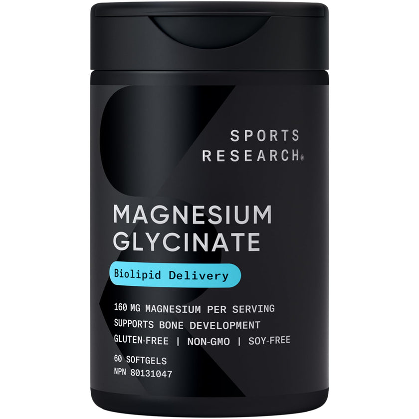 Sports Research® Magnesium Glycinate - Supports Bone Development & Muscle Function | 160mg of Chelated Elemental Magnesium w/Coconut MCT Oil | Non-GMO, Gluten & Soy Free - Liquid Softgels | 60 Count 🍁 All In One Marketplace Canada