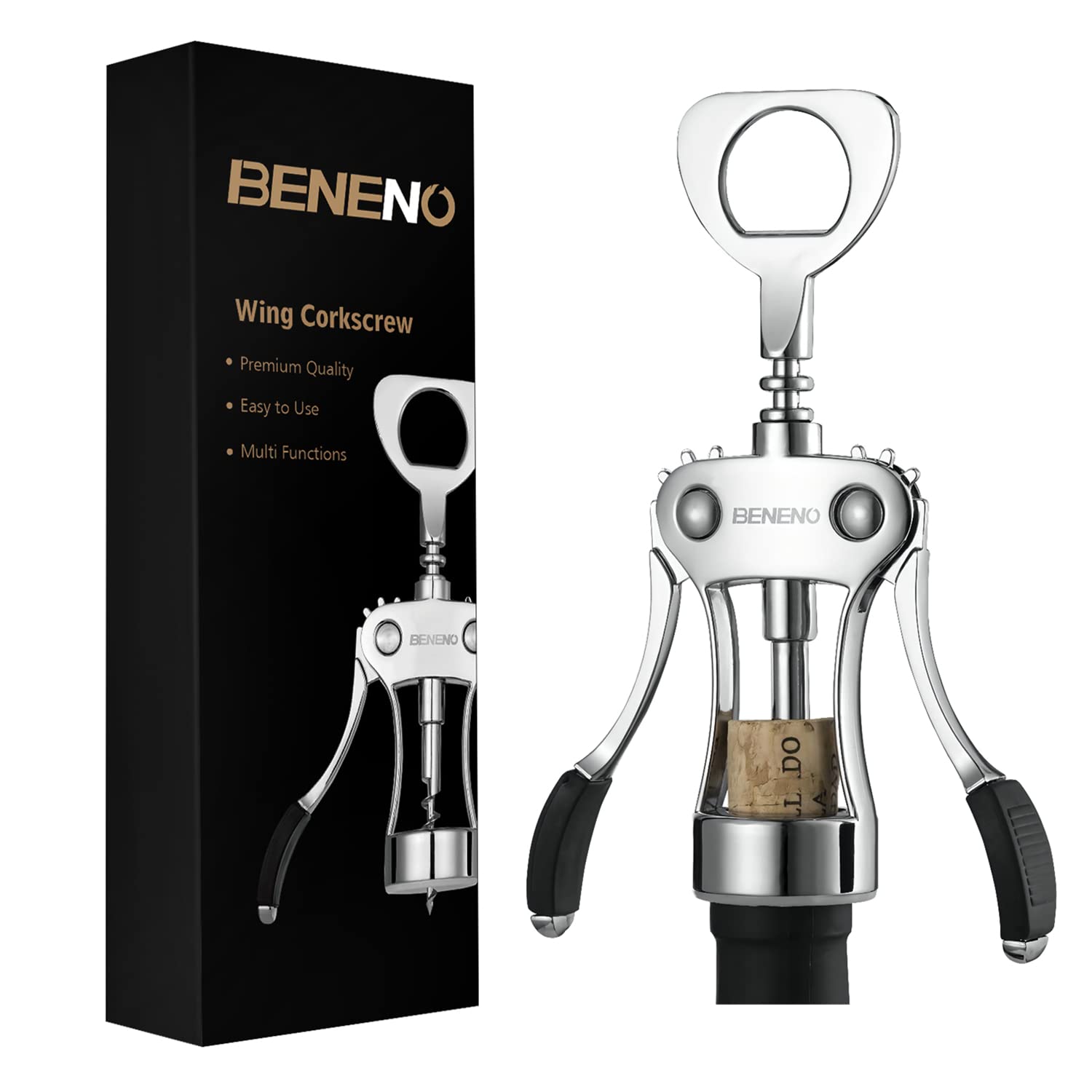 Wine Opener, BENENO Zinc Alloy Premium Wine Bottle Opener Wing Corkscrew with Multifunctional Corks and Caps Bottle Opener, Upgrade 🍁 All In One Marketplace Canada