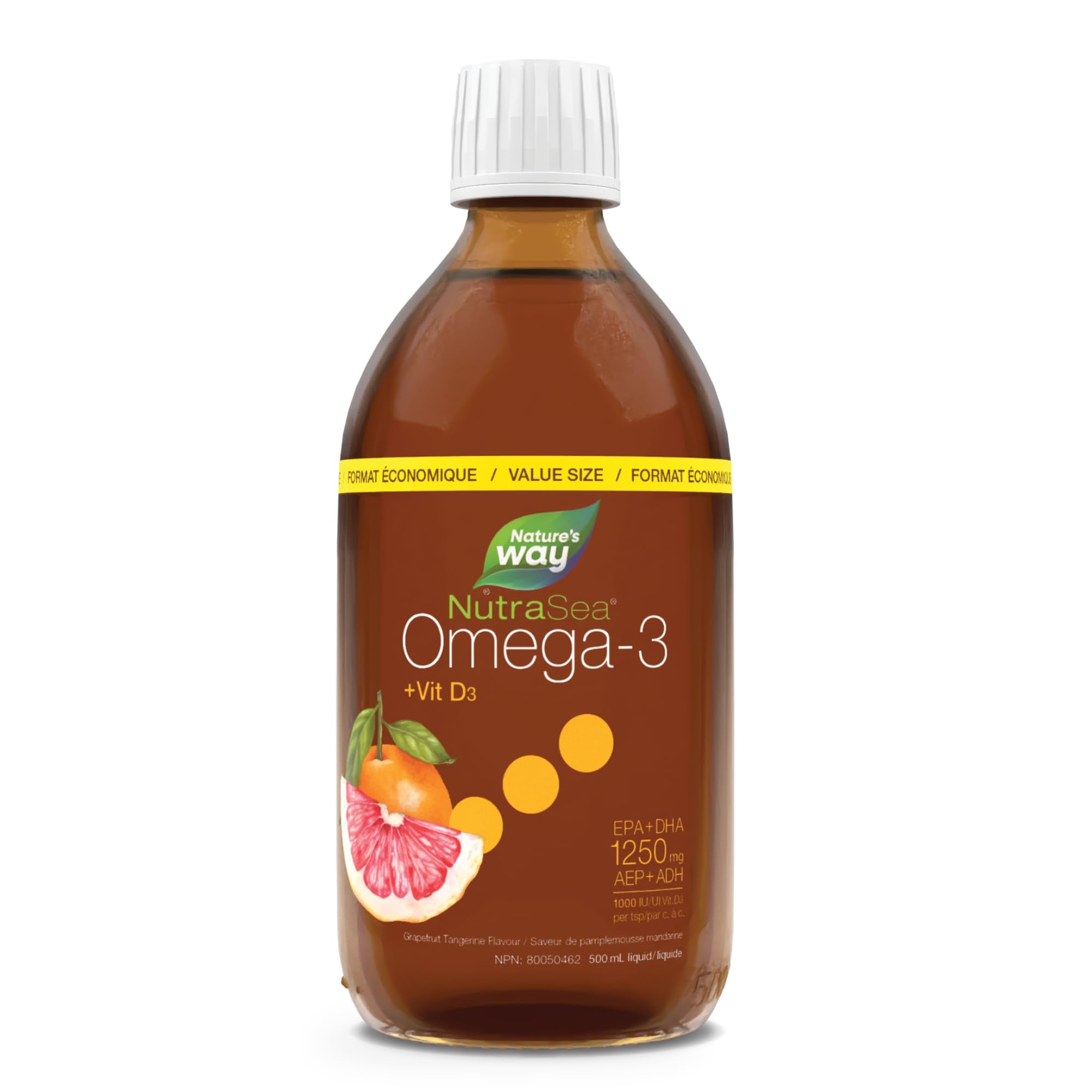 Nature's Way NutraSea Omega 3 + Vitamin D Fish Oil Liquid Supplement – Grapefruit Tangerine Flavour – Heart, Brain, Bone & Immune Support – EPA & DHA + 1000IU D3, 500 mL 🍁 All In One Marketplace Canada