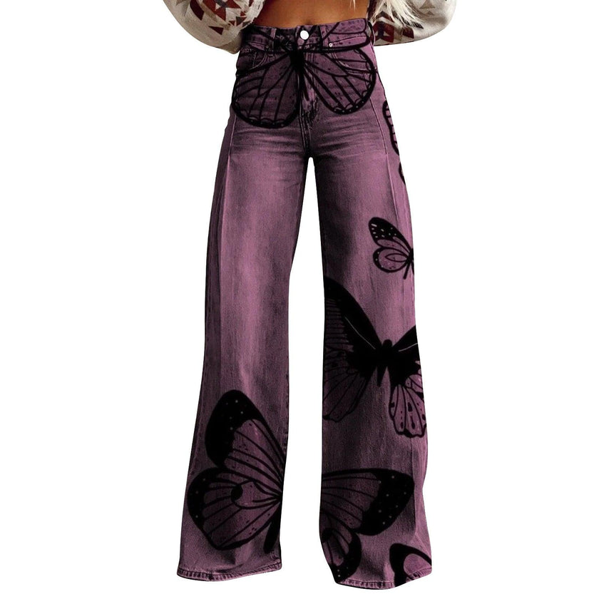 Women's 3D Printed Flared Denim Jeans – Graphic Print Wide Leg Jeans