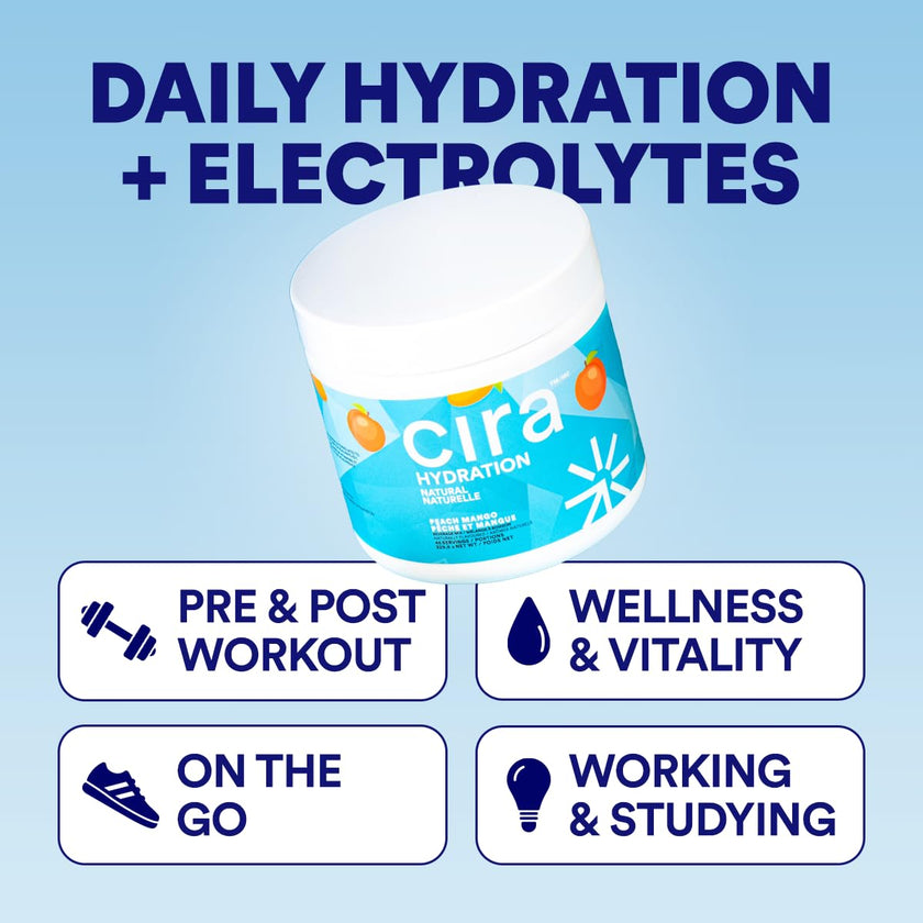 Cira Hydration Electrolytes Powder - Daily Electrolyte Powder, Sugar Free Naturally Flavoured & Sweetened w Stevia, Hydration Powder w Himalayan Salt for Dehydration Relief - Peach Mango, 45 Servings 🍁 All In One Marketplace Canada