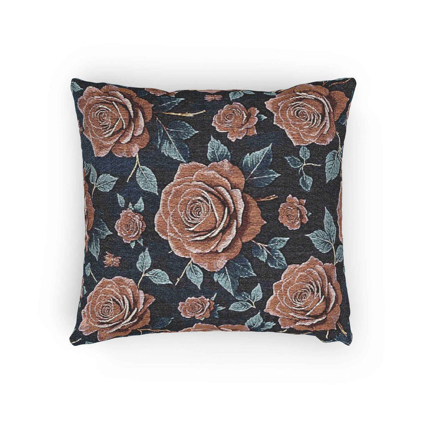 Vintage Rose Woven Pillow | Floral Needlepoint Style, Navy Background