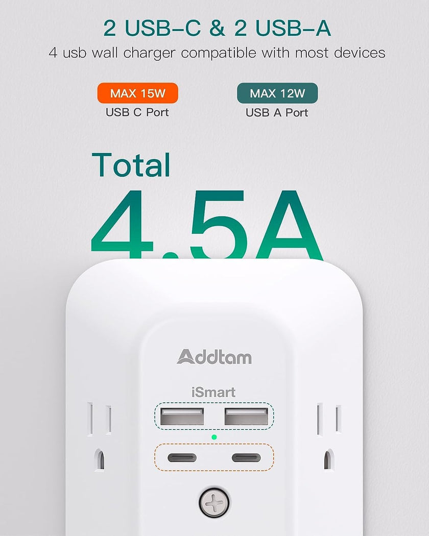 Power Bar, USB Wall Charger Surge Protector 5 Outlet Extender with 4 USB Charging Ports (2 USB C), Multi Plug Outlet, 3-Sided 1800J Power Strip Outlets Splitter Wall Plug Adapter for Home Office Dorm 🍁 All In One Marketplace Canada