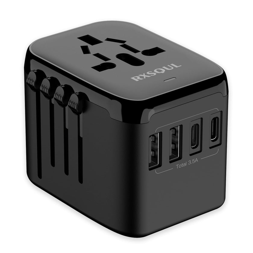 RXSQUL Universal International Power Travel Plug Adapter, 5 in 1 European Travel Plug Adapter W/ 3.5A 2xUSB-A And 2xUSB C Wall Charger and Worldwide AC Outlet for Europe USA UK AUS Asia-Black 🍁 All In One Marketplace Canada