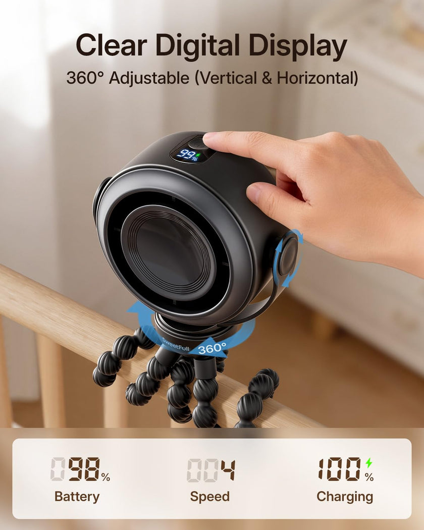 SWEETFULL Portable Stroller Fan, Pinch-Proof Baby Fan, 5-Speed Quiet Mini Clip on Fan, USB-C Rechargeable Battery, LED Display for Car Seat, Crib & Travel - Black 🍁 All In One Marketplace Canada