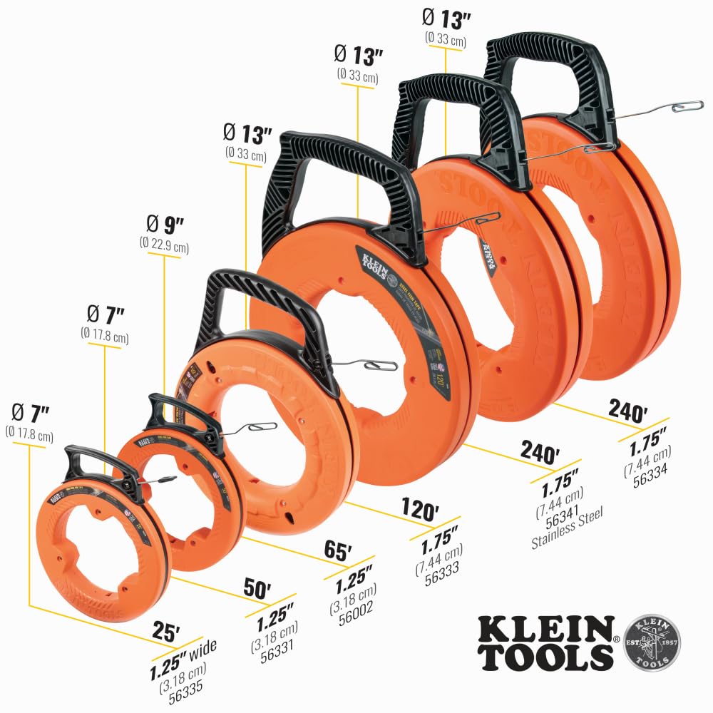 Klein Tools 56331 50-Foot Electrical Fish Tape, Steel Wire Puller with Double Loop Tip, Optimized Housing and Handle, 1/8-Inch,Orange/Black 🍁 All In One Marketplace Canada