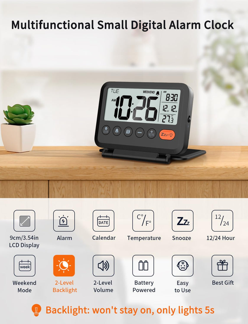 MeesMeek Digital Travel Alarm Clock: Small Bedside LCD Clock with Date Temperature Snooze Backlight 12/24H Weekend Mode and 2 Volume, Desk Clock for Kids Office Bedroom, Battery Included (Black) 🍁 All In One Marketplace Canada