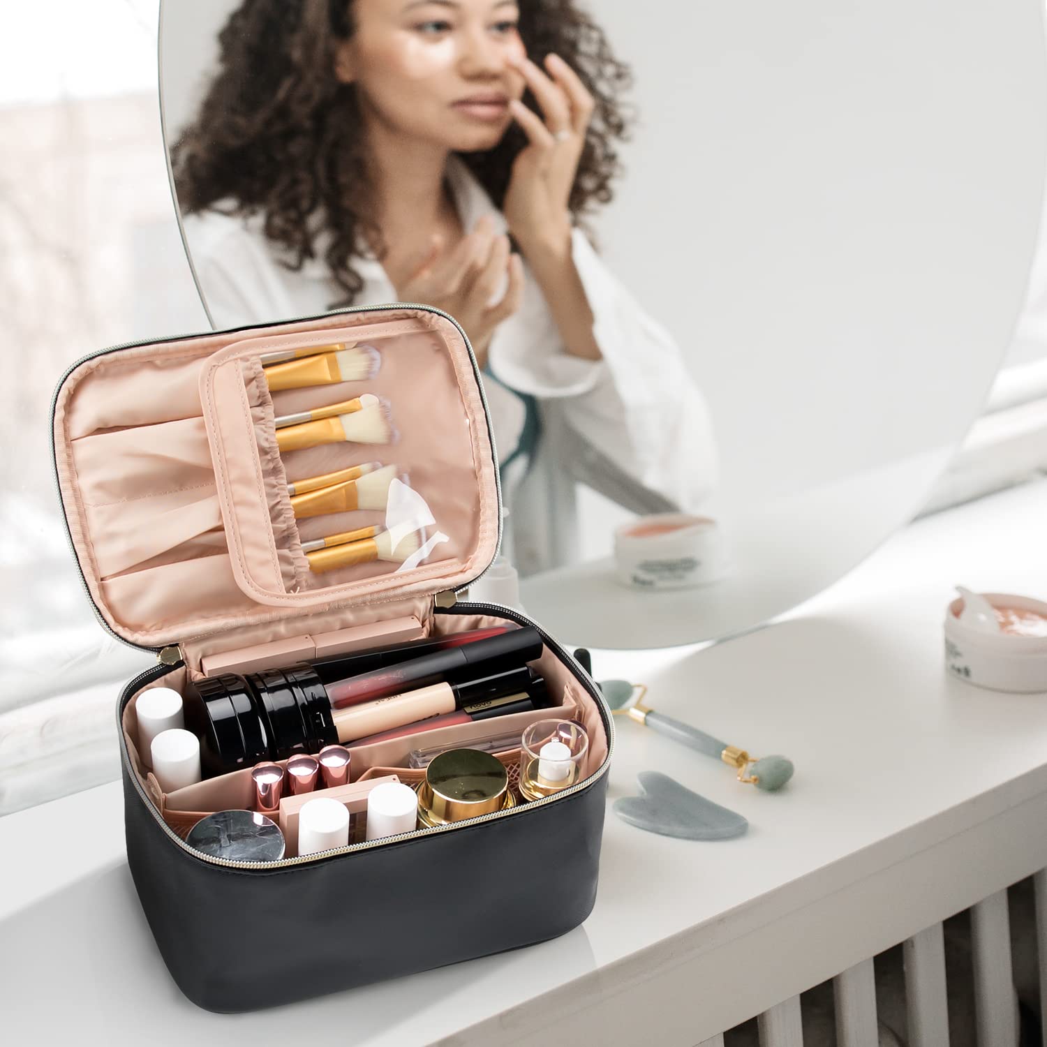 Makeup Bag, Portable Cosmetic Bag, Large Capacity Travel Makeup Case Organizer for Women and Girls, Train Case Makeup Bag for Toiletries for Traveling with Handle and Divider, Black 🍁 All In One Marketplace Canada