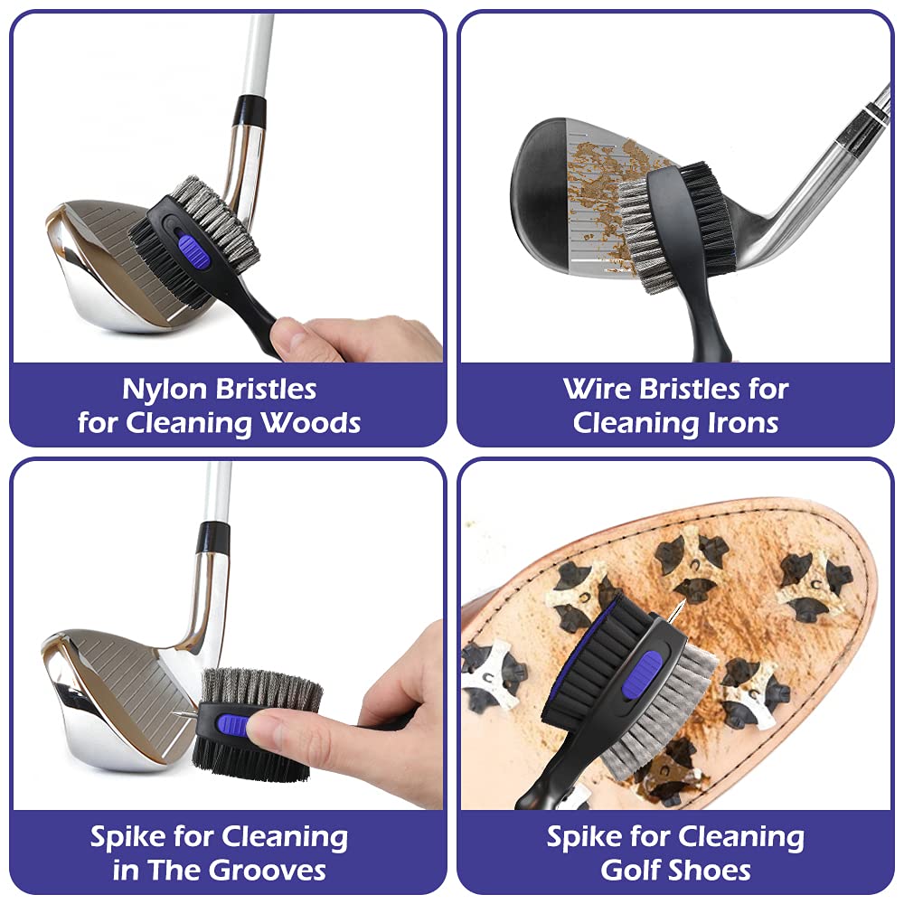 THIODOON 2 Pack Golf Club Brushes and Groove Cleaner 2 ft Retractable Zipline Carabiner Oversized Golf Brush Head with Retractable Spike Comfortable Grip Golf Club Cleaner 🍁 All In One Marketplace Canada