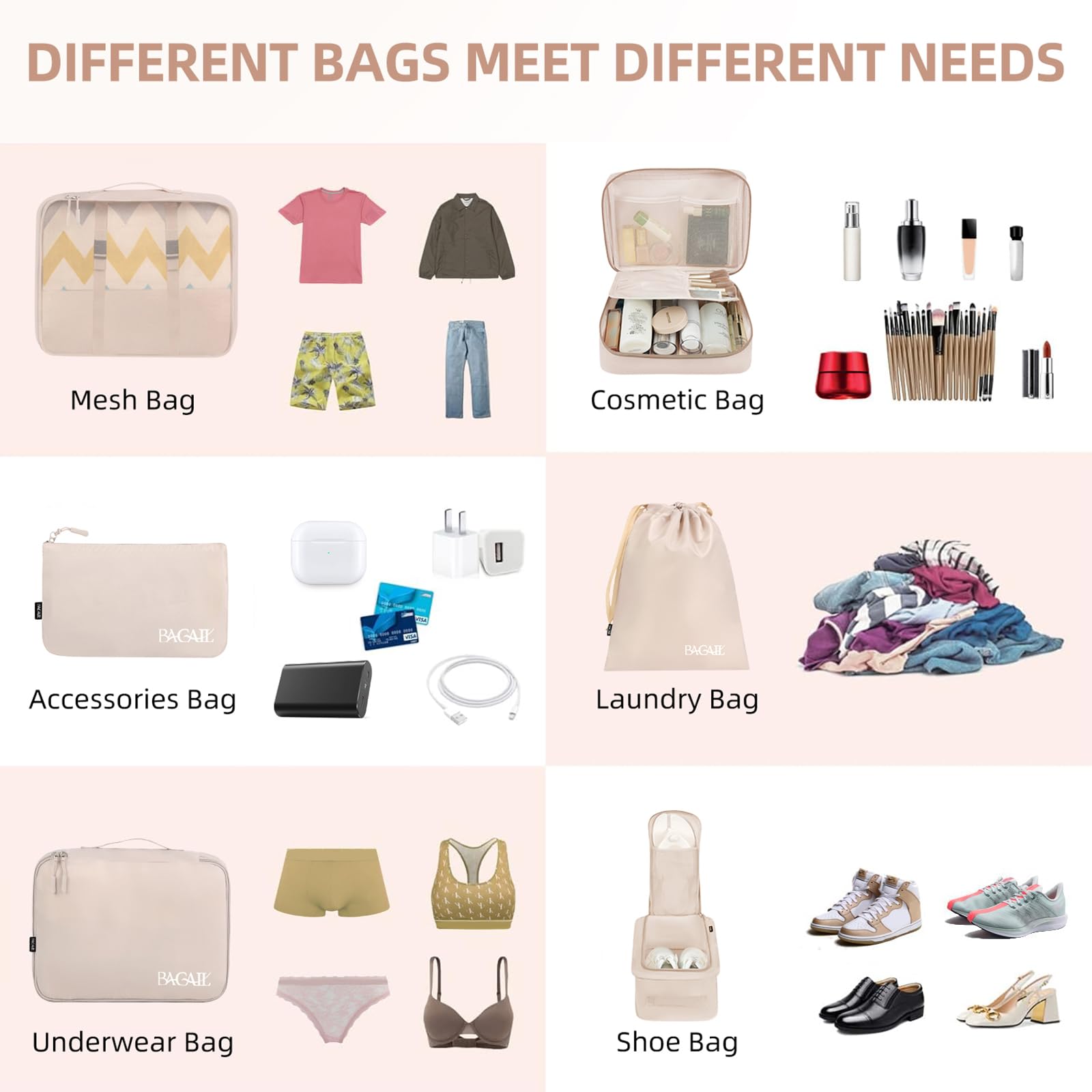 BAGAIL 8 Set Packing Cubes, Lightweight Travel Luggage Organizers with Shoe Bag, Toiletry Bag & Laundry Bag (Cream) 🍁 All In One Marketplace Canada