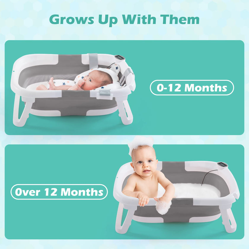 Baby BathTub, 4-in-1 Newborn to Toddler Tub with Temperature Sensor,Infant Waterproof Ear Cap and Soft Cushion included,Grey 🍁 All In One Marketplace Canada
