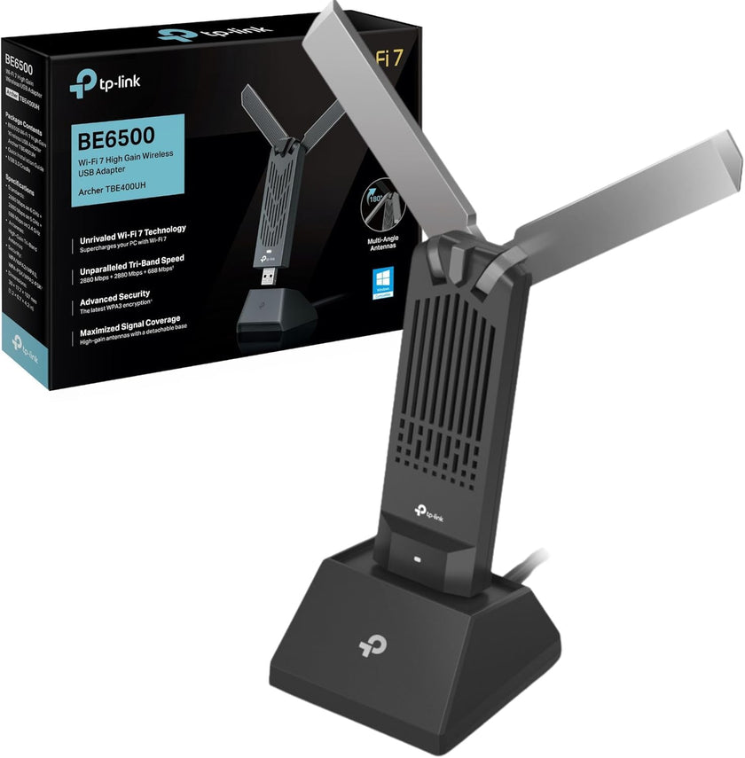TP-Link BE6500 WiFi 7 USB Adapter (Archer TBE400UH) – Tri-Band 6GHz/5GHz/2.4GHz, High-Gain Adjustable Antennas, USB 3.0 Cradle, Up to 6500 Mbps, OFDMA MU-MIMO, WPA3, Windows 10/11 🍁 All In One Marketplace Canada