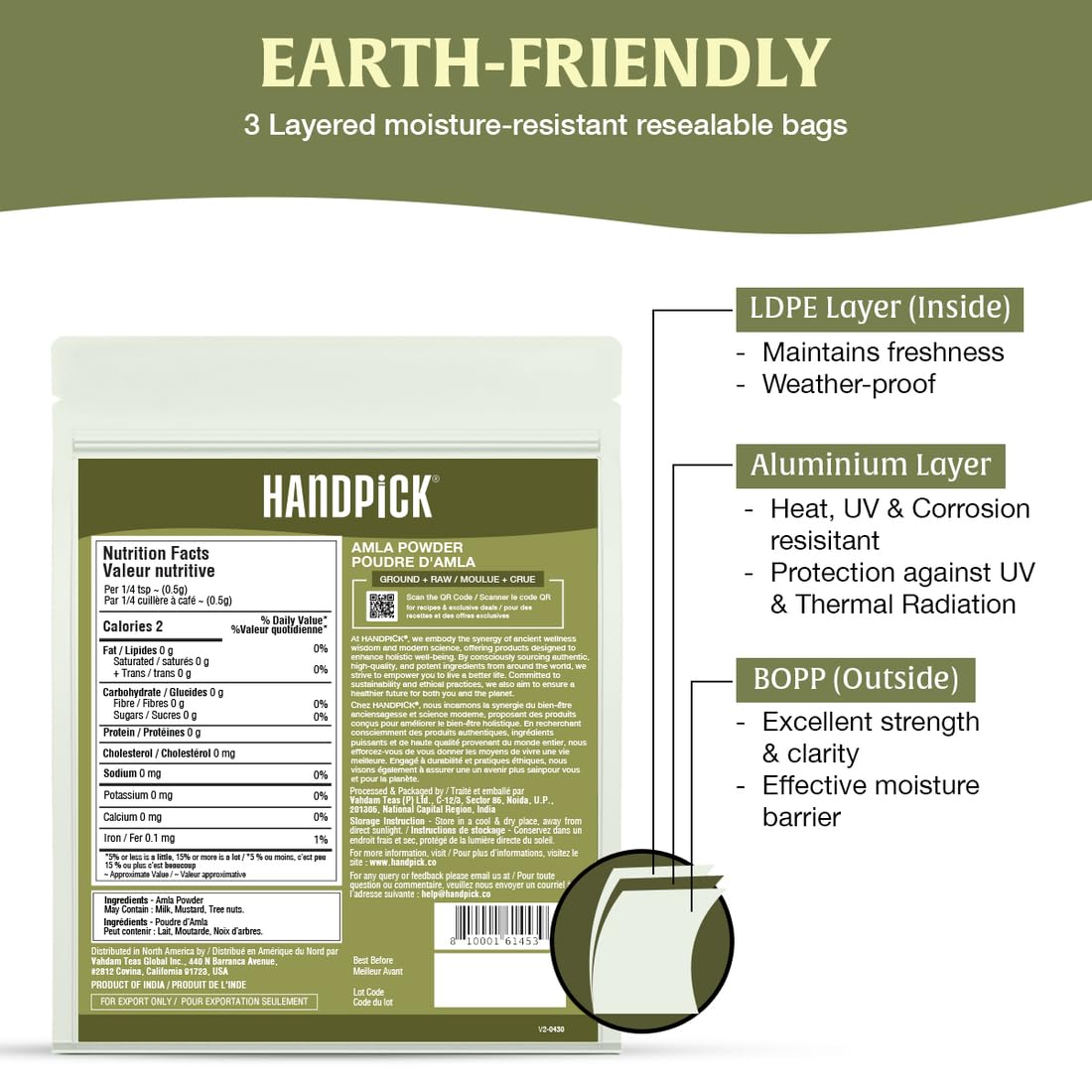 HANDPICK, Amla Powder (397gm/14oz) Halal Amalaki, Non-GMO | 100% Raw and Natural - Lab Tested for Purity | Indian Gooseberry Powder | Resealable Zip Lock Pouch 🍁 All In One Marketplace Canada