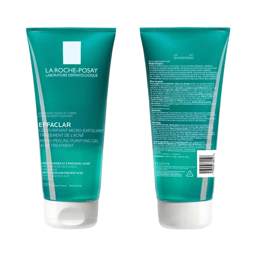 La Roche Posay Effaclar Micro-Peeling Purifying Gel Cleanser Acne Treatment. 2% salicylic acid face & body wash with niacinamide. Unclogs pores, exfoliates, acne marks. Oil-free, sensitive skin, 200ML 🍁 All In One Marketplace Canada
