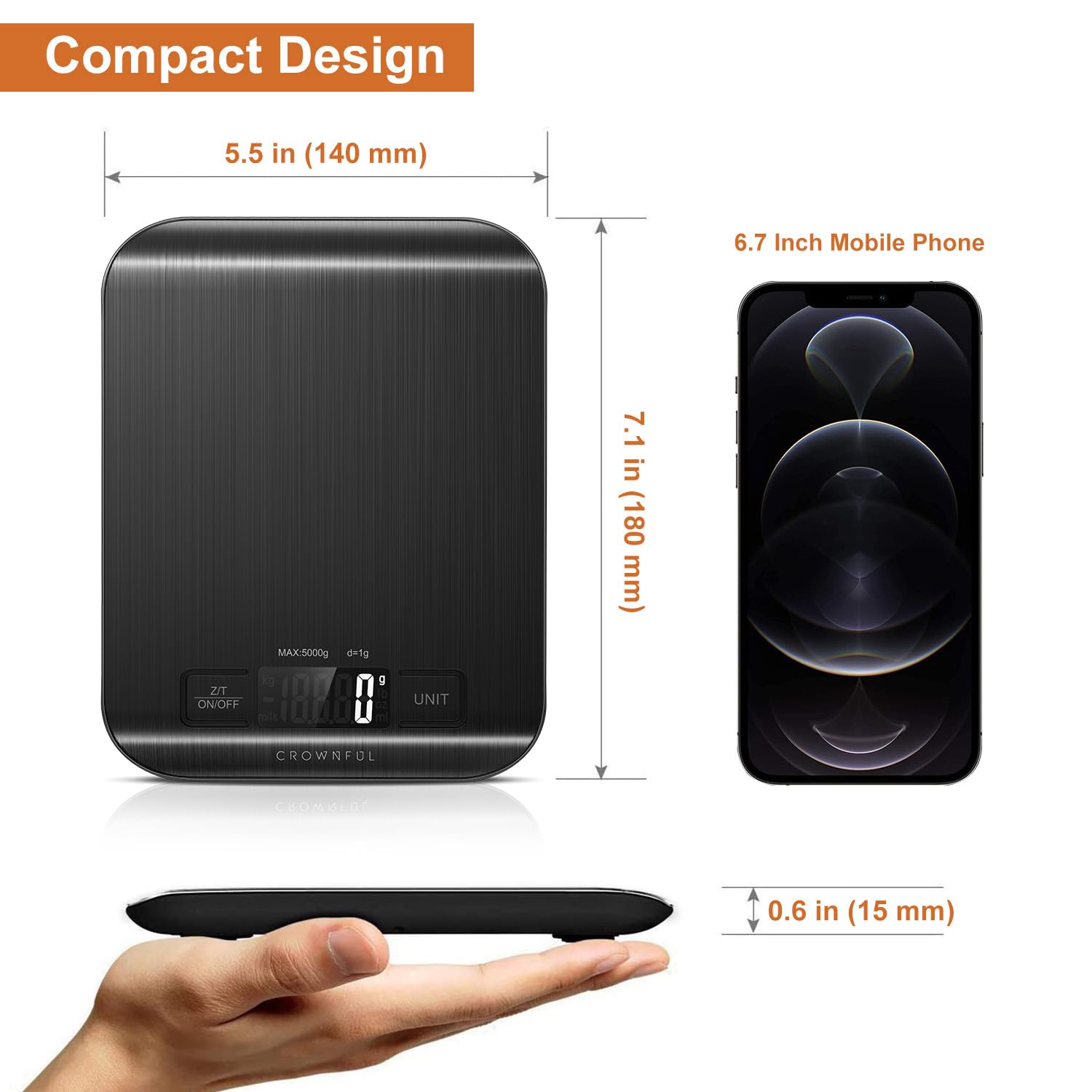 CROWNFUL Food Scale, 5kg/11lb Digital Kitchen Scales Weight Ounces and Grams for Cooking and Baking, 6 Units with Tare Function, Black (Battery Included) 🍁 All In One Marketplace Canada
