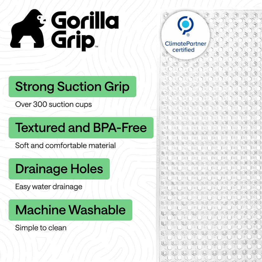 GORILLA GRIP Patented Bath Tub Shower Mat, Machine Washable Bathtub Floor Liner Mats, Suction Cups and Drain Holes to Keep Tubs Clean, Bathroom Essentials, 89x41 cm, Clear 🍁 All In One Marketplace Canada