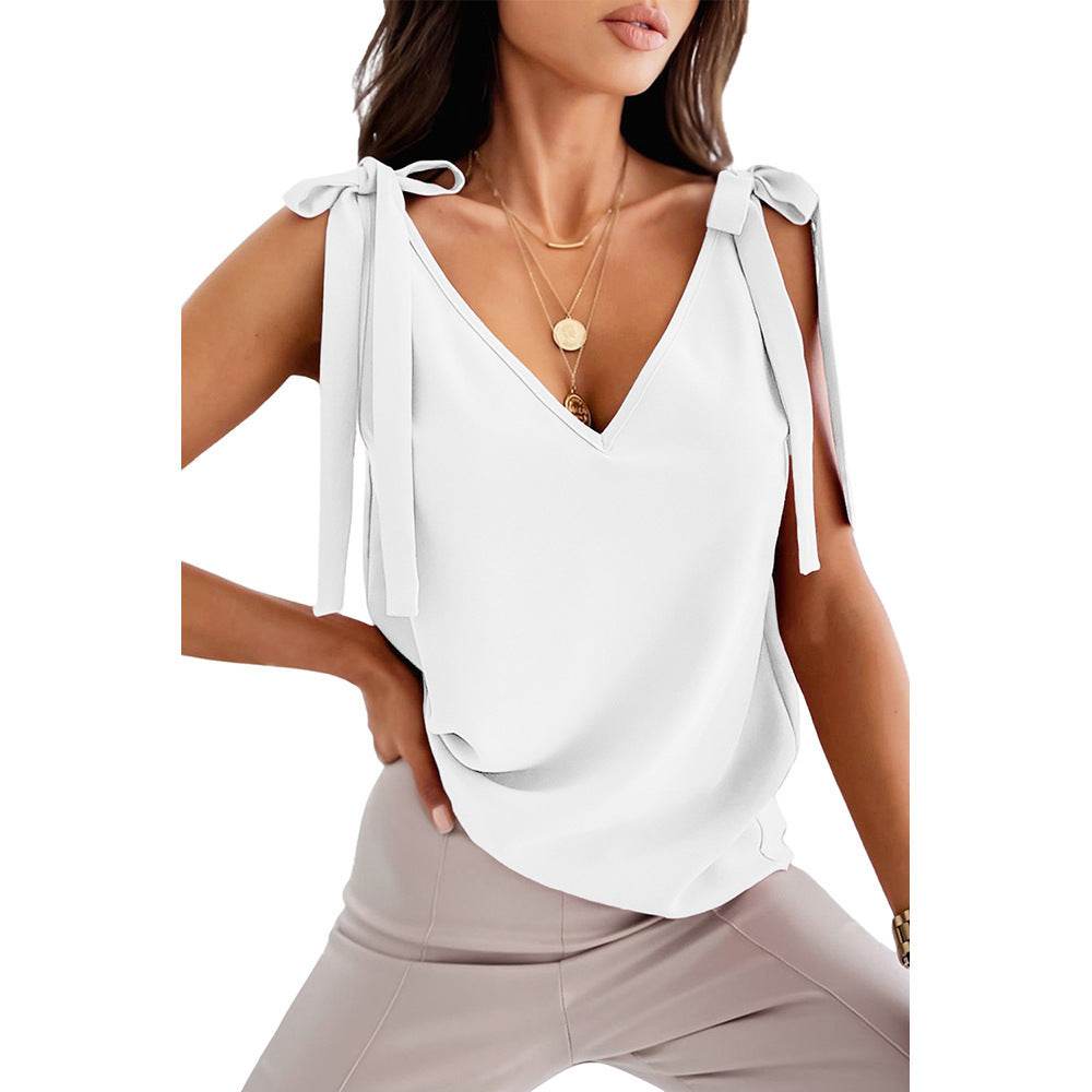 Bowknot Tie Up V-neck top Women Summer Sleeveless Blouse Tops