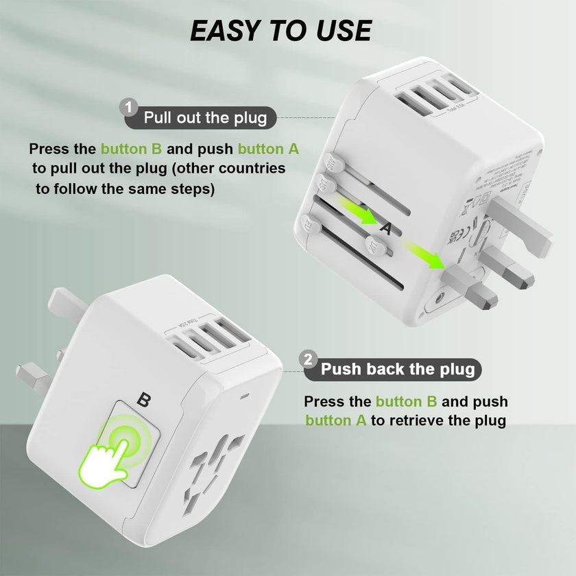 VYLEE Universal International Power Travel Plug Adapter, 5 in 1 European Travel Plug Adapter W/ 3.5A 2xUSB-A and 2xUSB C Wall Charger and Worldwide AC Outlet for Europe USA UK AUS Asia (White) 🍁 All In One Marketplace Canada