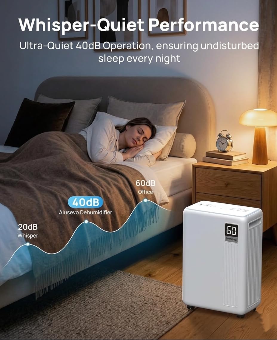 AIUSEVO 26 Pint Dehumidifiers for Basements & Home (Up to 2500 Sq.Ft), Ultra Quiet 40dB Bedroom Dehumidifier with 3 Modes, Continuous Drain & Auto Defrost to Reduce Moisture & Musty Odors 🍁 All In One Marketplace Canada