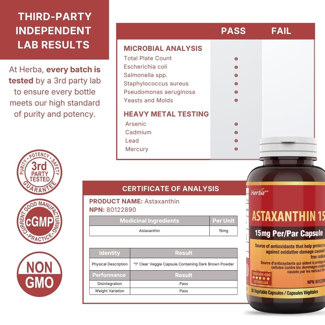 Herba Astaxanthin Supplement 15mg – 60 Vegan Capsules | Made with Non-GMO Micro-algae | Source of Antioxidant | Made and Third Party Tested in Canada 🍁 All In One Marketplace Canada