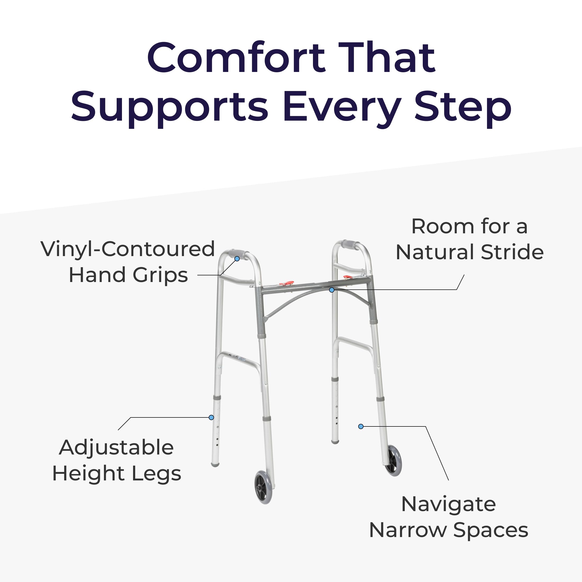 Drive Medical Two-Button Folding Walker w/ Wheels - Lightweight Rolling Mobility Support - Desk Arms - Adjustable Height - Dual Push-Button Operation - 5 Inch Front Wheels - Durable Aluminum - Silver 🍁 All In One Marketplace Canada