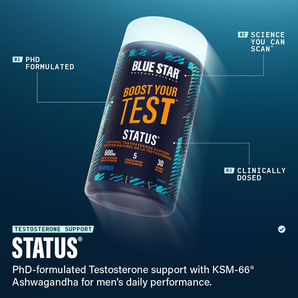 Blue Star Nutraceuticals Status - Natural Testosterone Support, Helps Increase Testosterone Levels & Muscle Strength, Clinically Researched Ingredients, 90 Veggie Caps, 30 Day Supply (NPN 80083809) 🍁 All In One Marketplace Canada