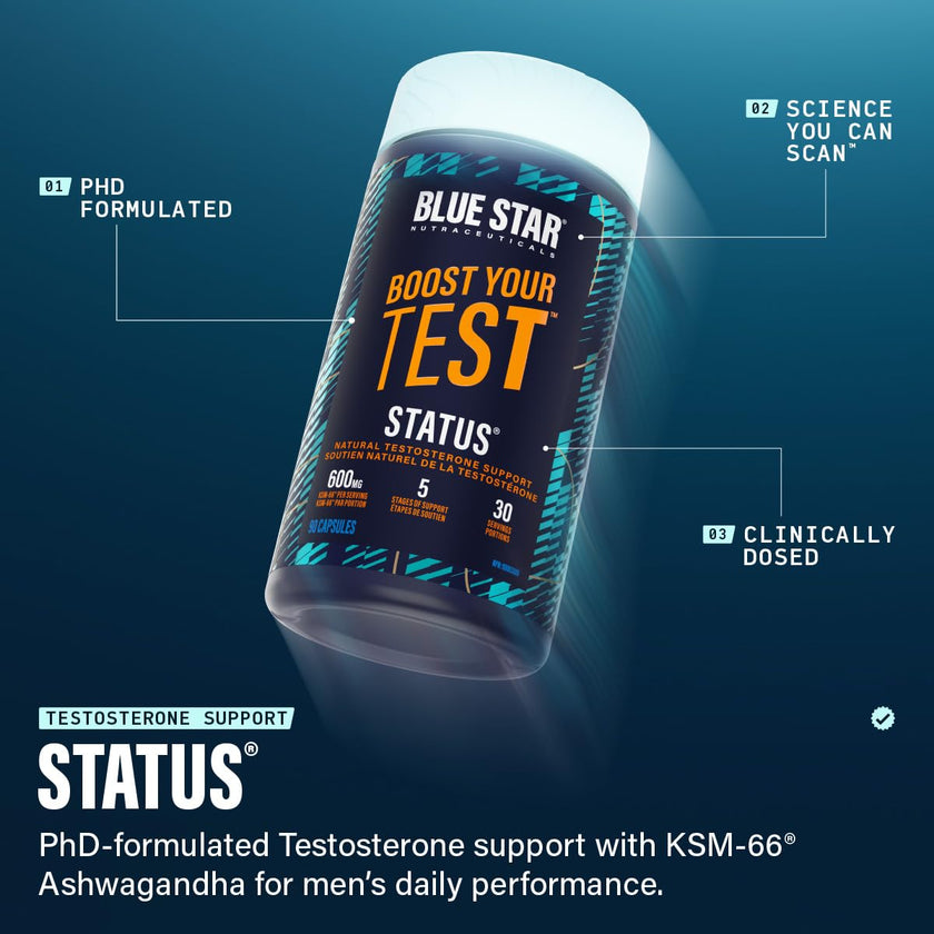 Blue Star Nutraceuticals Status - Natural Testosterone Support, Helps Increase Testosterone Levels & Muscle Strength, Clinically Researched Ingredients, 90 Veggie Caps, 30 Day Supply (NPN 80083809) 🍁 All In One Marketplace Canada