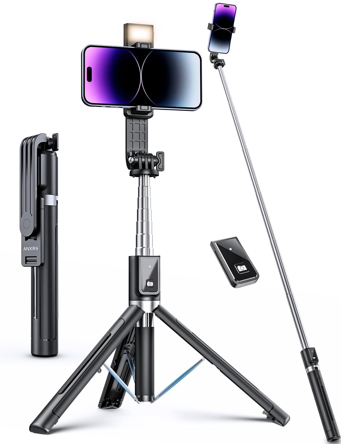 ANXRE Selfie Stick Tripod with Fill Light and Stable Base, Extendable Phone Tripod with Detachable Wireless Remote, 50