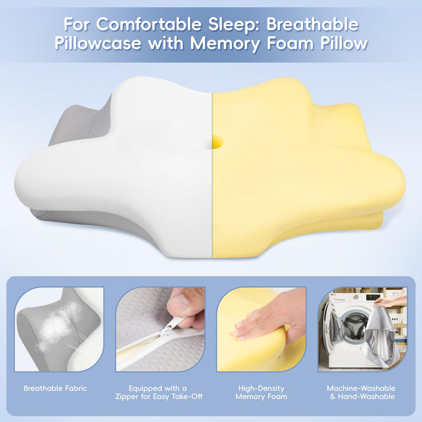 Missleep Cervical Neck Pillow,Memory Foam Pillows for Relieving Neck and Shoulder Pain, Neck Support Pillow for Side Sleepers, 2 Heights Ergonomic Pillow with Breathable Ice Silk Cover White 🍁 All In One Marketplace Canada