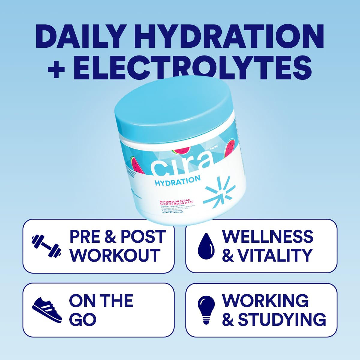Cira Hydration Electrolytes Powder - Daily Electrolyte Powder, Sugar Free w/Himalayan Salt, Magnesium, & Potassium, Hydration Powder for Dehydration Relief & Recovery - Watermelon Sugar, 45 Servings 🍁 All In One Marketplace Canada