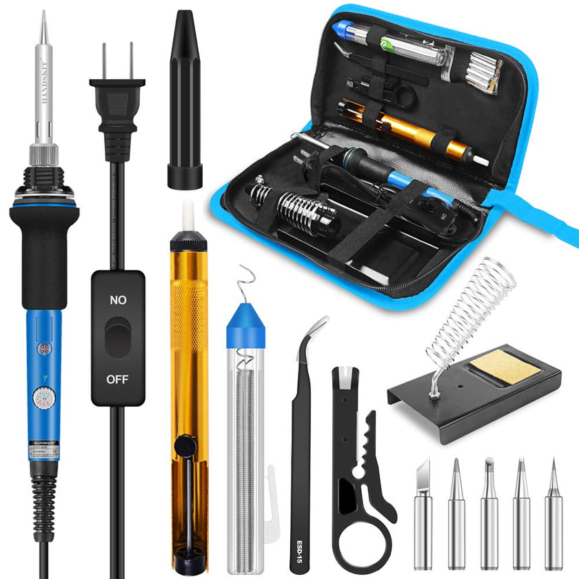 HANDSKIT Soldering Iron Kit, 60W Adjustable Temperature Welding Tool, 5pcs Soldering Iron Tip, Soldering Iron Stand, Desoldering Pump, Tweezers, Solder Wire, Carry Bag 🍁 All In One Marketplace Canada