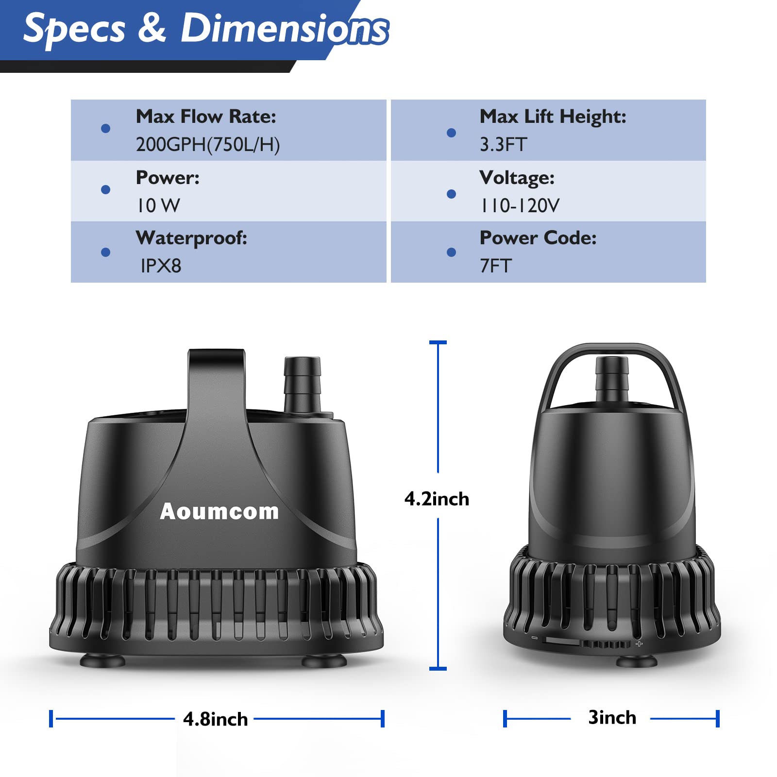 Aoumcom 200GPH Submersible Water Pump, 10W Water Fountain Pump, Aquarium Pump, 750L/H Water Pump with 7ft Power Cord for Garden Fountain, Water Table, Waterfall, Fish Tank, Pond, Hydroponics 🍁 All In One Marketplace Canada