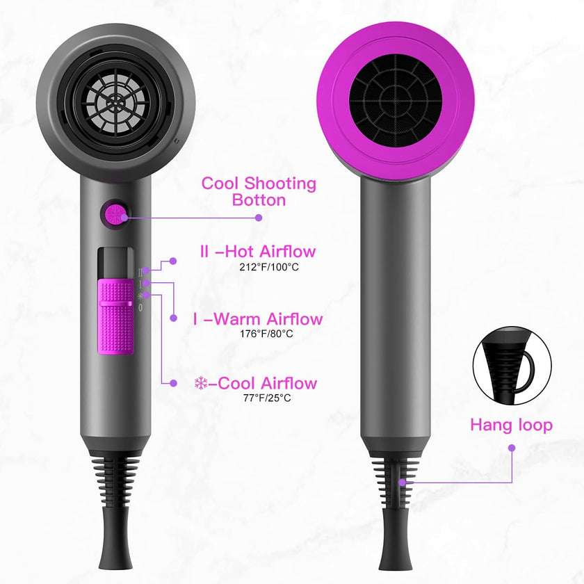 Slopehill Professional Ionic Hair Dryer, Powerful 1800W Fast Drying Low Noise Blow Dryer with 2 Concentrator Nozzle 1 Diffuser Attachments for Home Salon Travel (Grey) 🍁 All In One Marketplace Canada