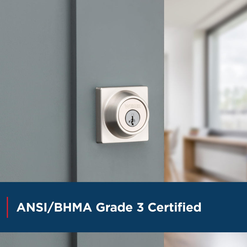 Weiser Elements Satin Nickel Square Deadbolt Lock, ANSI/BHMA Grade 3 Certified Front Door Lock, Kick Proof, Bump Proof & Anti-theft Exterior Door Lock with Key, Traditional Door Locks for Entry Door 🍁 All In One Marketplace Canada