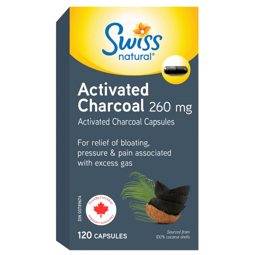 Swiss Natural Activated Charcoal, 260mg | Relief for Bloating, Gas & Digestive Discomfort | 100% Coconut Shell Sourced | No Dairy, Gluten, or Preservatives | 120 Capsules 🍁 All In One Marketplace Canada