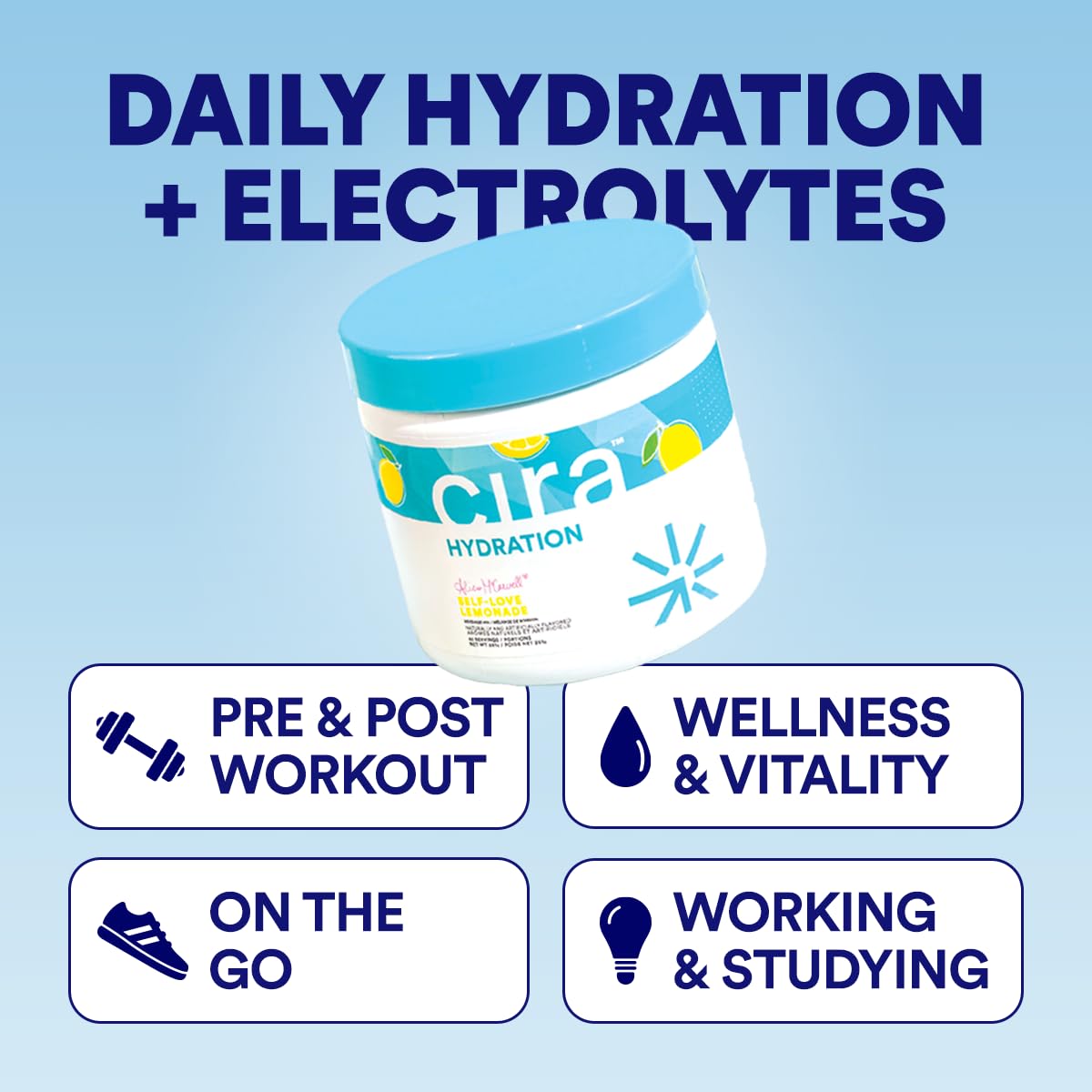 Cira Hydration Electrolytes Powder - Cira x Alicia McCarvell’s Daily Electrolyte Powder, Sugar Free w Himalayan Salt, Magnesium, & Potassium for Dehydration Relief - Self-Love Lemonade, 45 Servings 🍁 All In One Marketplace Canada
