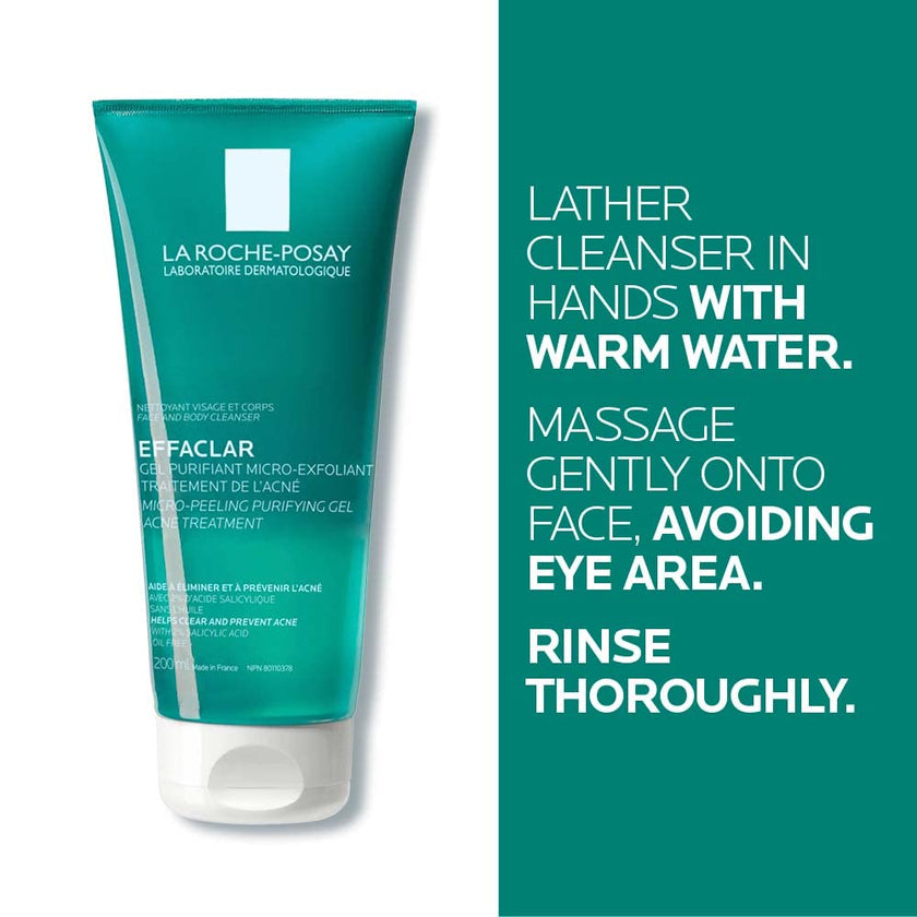 La Roche Posay Effaclar Micro-Peeling Purifying Gel Cleanser Acne Treatment. 2% salicylic acid face & body wash with niacinamide. Unclogs pores, exfoliates, acne marks. Oil-free, sensitive skin, 200ML 🍁 All In One Marketplace Canada
