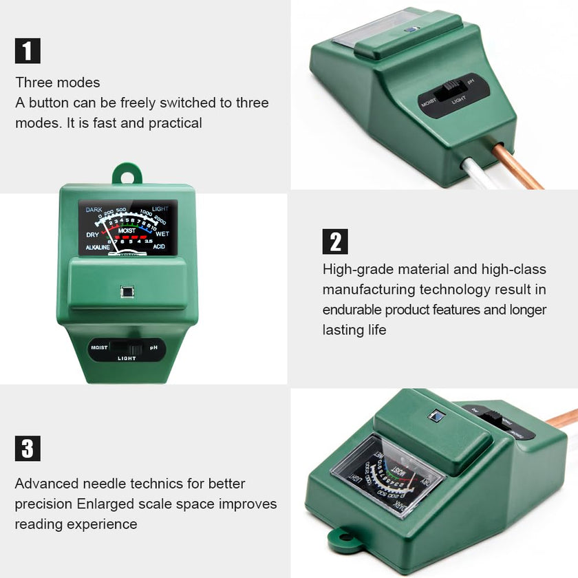 Sonkir Soil pH Meter, MS02 3-in-1 Soil Moisture/Light/pH Tester Gardening Tool Kits for Plant Care, Great for Garden, Lawn, Farm, Indoor & Outdoor Use (Green) 🍁 All In One Marketplace Canada