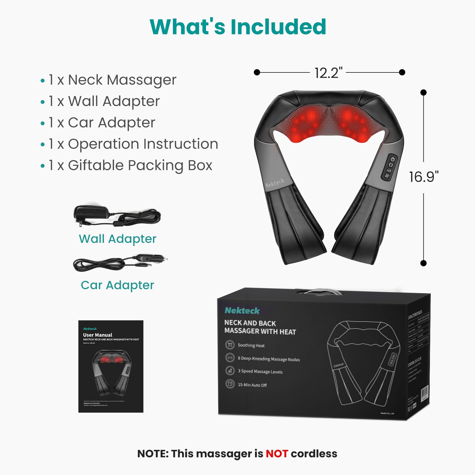 Nekteck Shiatsu Back Neck Massager,2026 Upgraded 3D Back Shoulder Kneading Massage Pillow, Deep Kneading Shoulder Massager with Heat, Waist Massage Pillow for Home Car and Office Use (NOT Cordless) 🍁 All In One Marketplace Canada