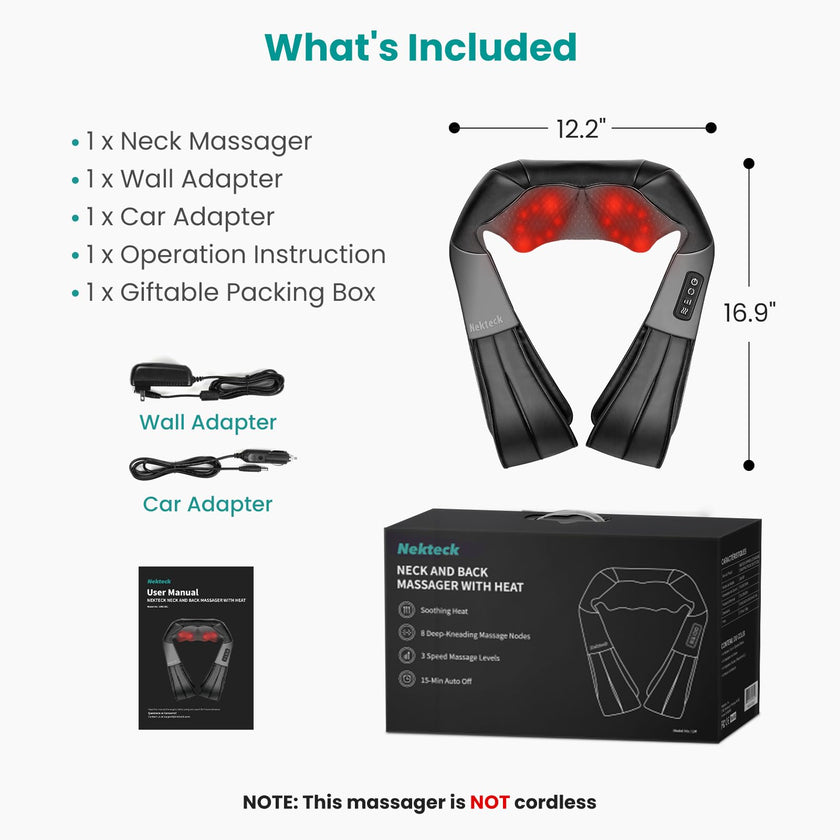 Nekteck Shiatsu Back Neck Massager,2026 Upgraded 3D Back Shoulder Kneading Massage Pillow, Deep Kneading Shoulder Massager with Heat, Waist Massage Pillow for Home Car and Office Use (NOT Cordless) 🍁 All In One Marketplace Canada