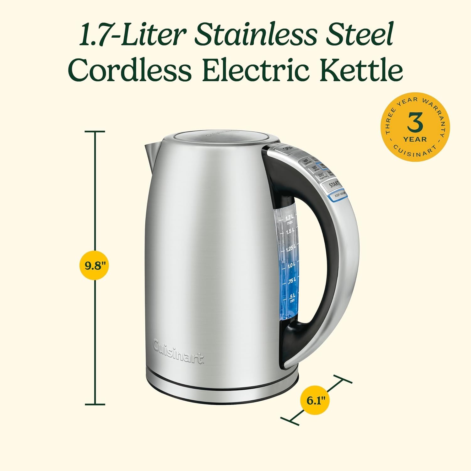 Cuisinart PerfecTemp 1.7L Cordless Electric Tea Kettle, 1500W Fast Heat-Up, 6 Preset Temperatures, 30-Min Keep Warm, Stay-Cool Nonslip Handle, Brushed Stainless Steel (CPK-17C) 🍁 All In One Marketplace Canada