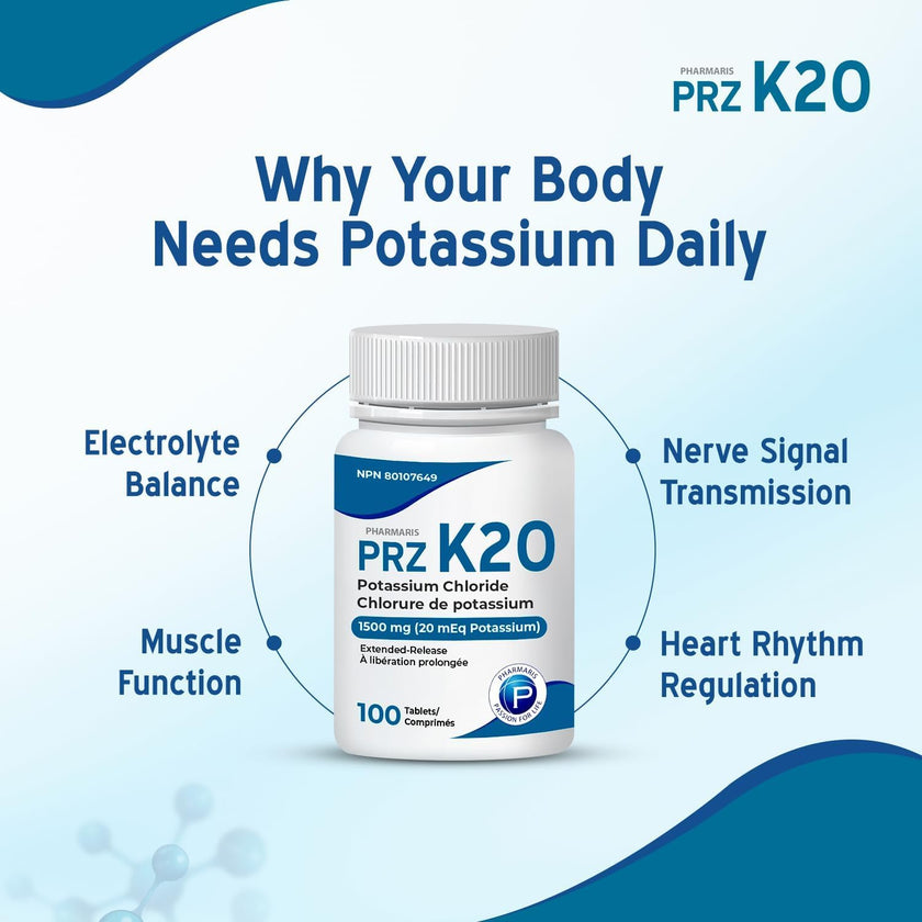 Pharmaris K-20 Potassium Chloride 1500mg Extended Release Tablets, Provides 20 mEq Potassium, Electrolyte Replenisher for Hypokalemia Treatment, Daily Use Supplement, 100 Tablets 🍁 All In One Marketplace Canada