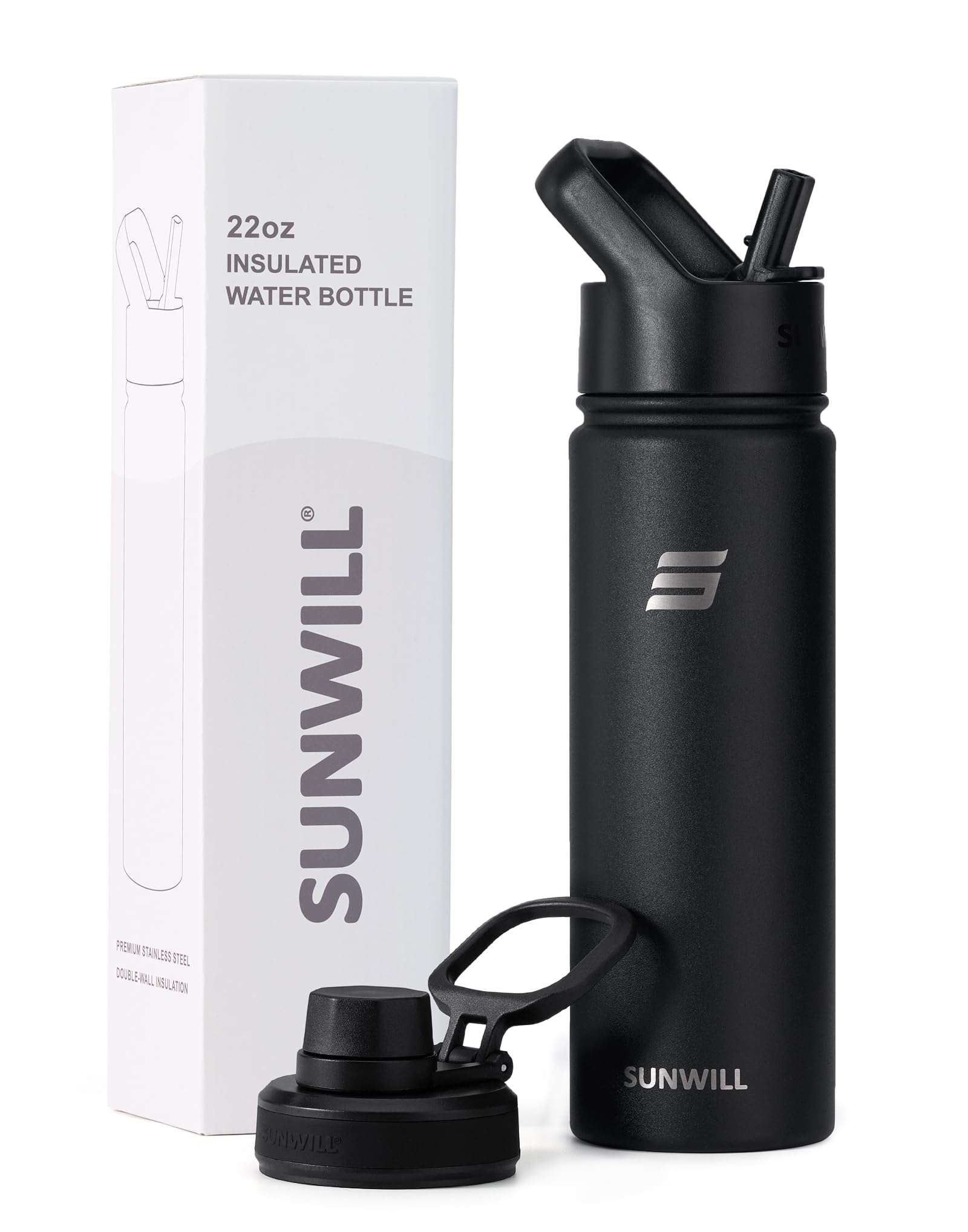 SUNWILL Metal Water Bottle with Straw 22 oz, Stainless Steel Insulated Flask for Cold and Hot Drink, Travel, Sports, Gym, Powder Coated Black 🍁 All In One Marketplace Canada