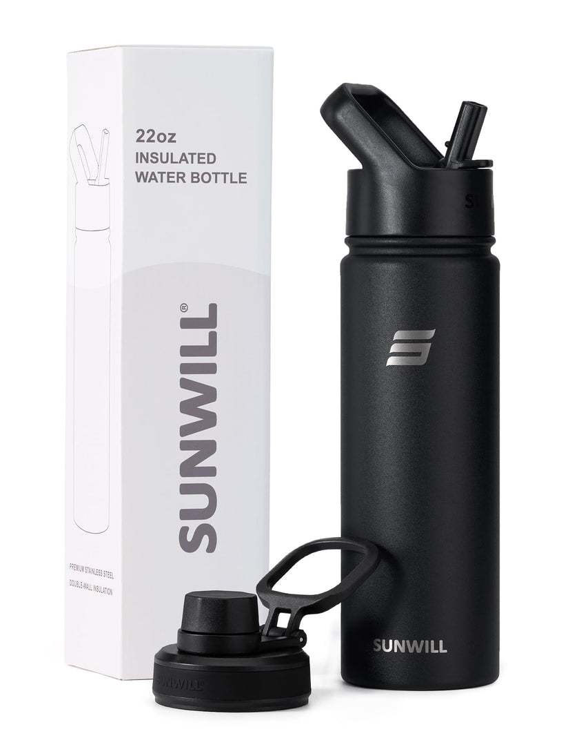SUNWILL Metal Water Bottle with Straw 22 oz, Stainless Steel Insulated Flask for Cold and Hot Drink, Travel, Sports, Gym, Powder Coated Black 🍁 All In One Marketplace Canada