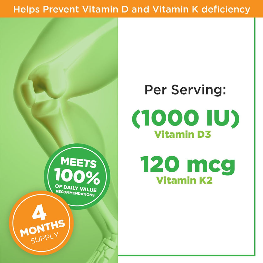 PlantVital High-Potency Vegan Vitamin D3 + K2 -Made in Canada - (1000IU /25 mcg + 120 mcg) for Bones, Teeth and Immune System - Patented MK7 Form - K2 D3 vitamin - 4 Months Supply - 120 Capsules. 🍁 All In One Marketplace Canada