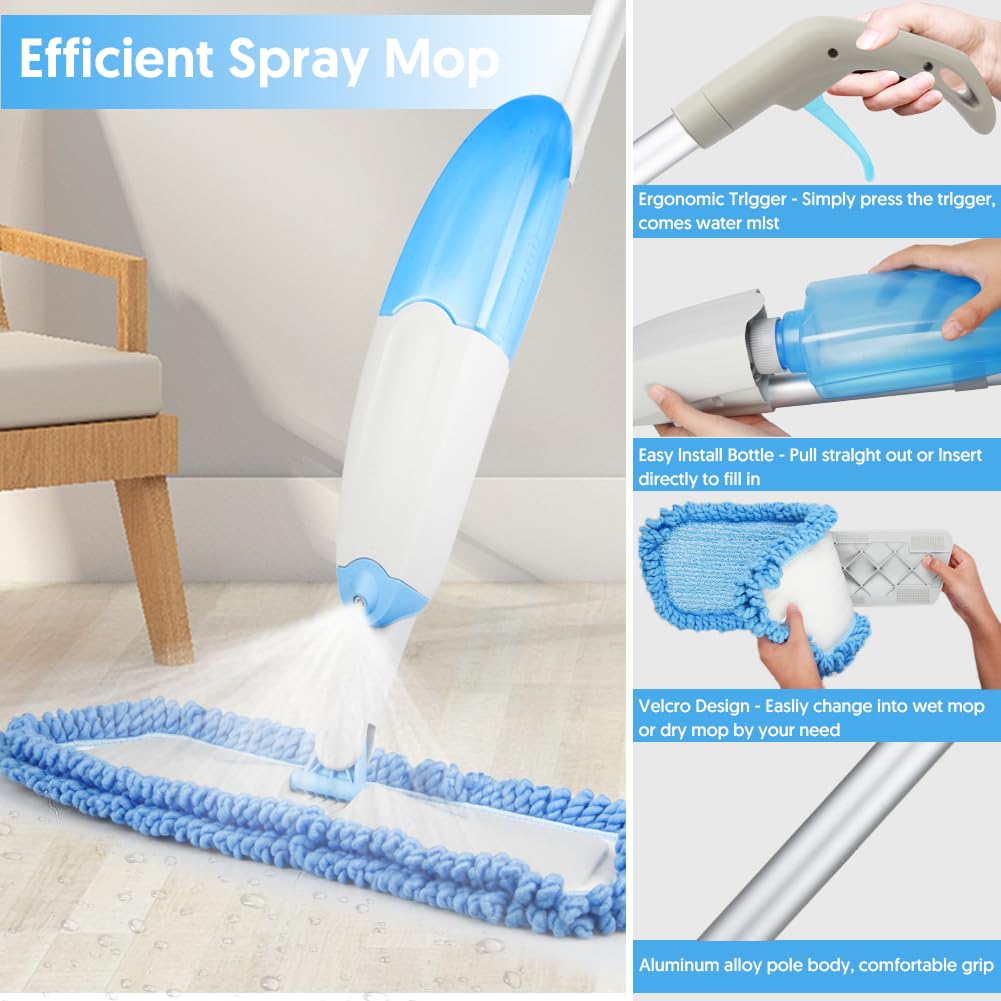 Tina&Tony Microfiber Spray Mop for Floor Cleaning, Hardwood Floor Spray Dry Wet Mop with 3 Reusable Refills Pads & 435ML Refillable Bottle, Kitchen Dust Mop for Hardwood Laminate Tile Floors, Blue 🍁 All In One Marketplace Canada