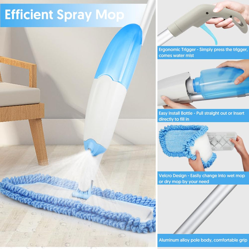 Tina&Tony Microfiber Spray Mop for Floor Cleaning, Hardwood Floor Spray Dry Wet Mop with 3 Reusable Refills Pads & 435ML Refillable Bottle, Kitchen Dust Mop for Hardwood Laminate Tile Floors, Blue 🍁 All In One Marketplace Canada