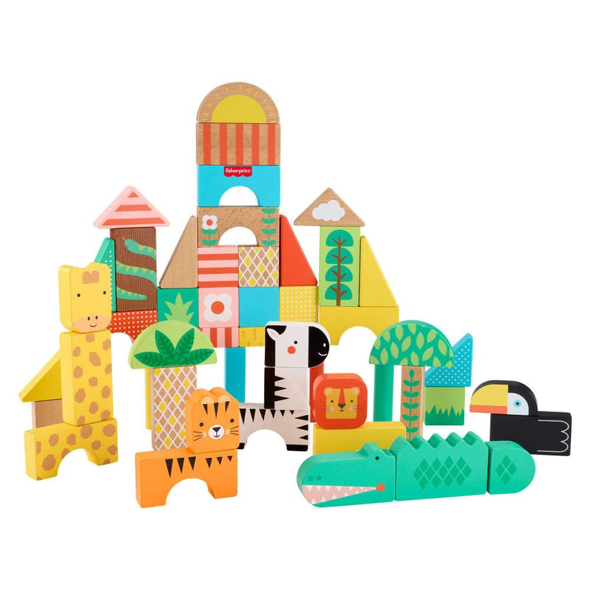 Fisher-Price Wood Toddler Toy Jungle Blocks, 50-Piece Wooden Animal Building Set for Preschool Pretend Play Kids Ages 2+ Years 🍁 All In One Marketplace Canada